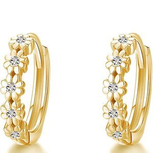 Women Girls Flower Cubic Zirconia Huggie Earrings Hypoallergenic 14K Yellow Gold